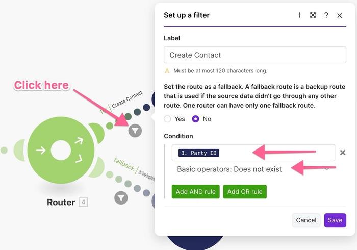 chemin du routeur mis en surbrillance dans le scénario MailerLite lorsque le contact Capsule n’existe pas