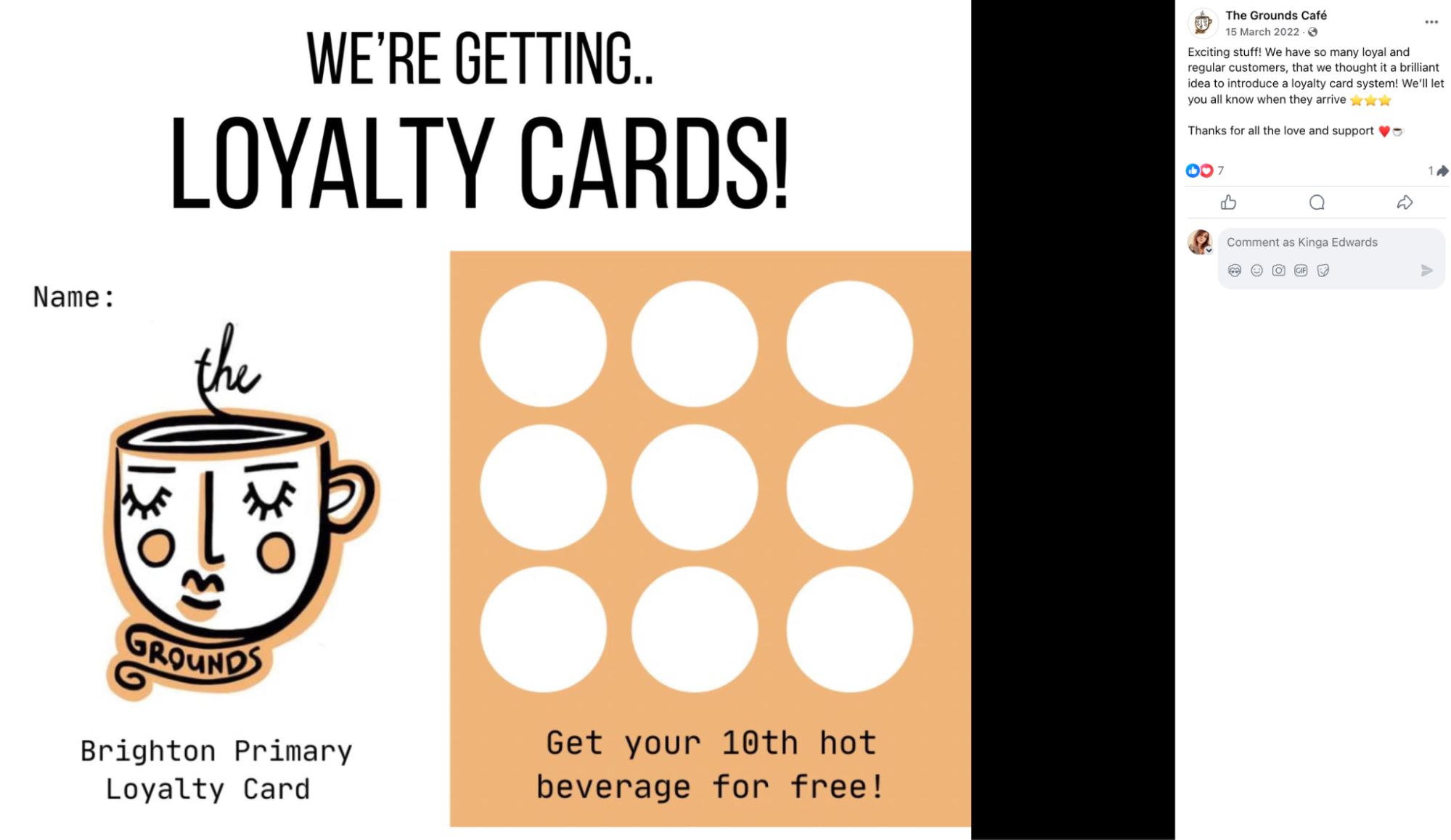 Graphic announcing Brighton Primary’s new loyalty card, with nine stamp circles and a reward for a free 10th hot beverage.