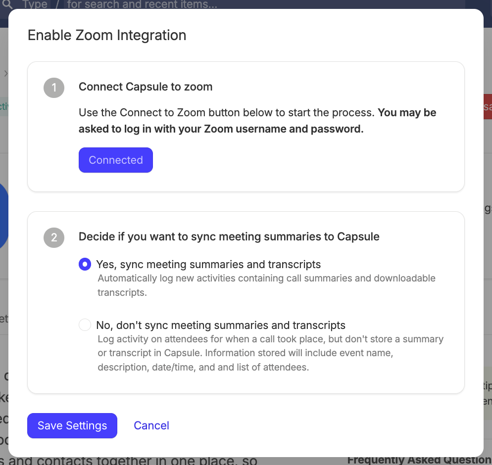 ajustes de sincronización de transcripciones de la integración con Zoom con la sincronización completa de transcripciones activada