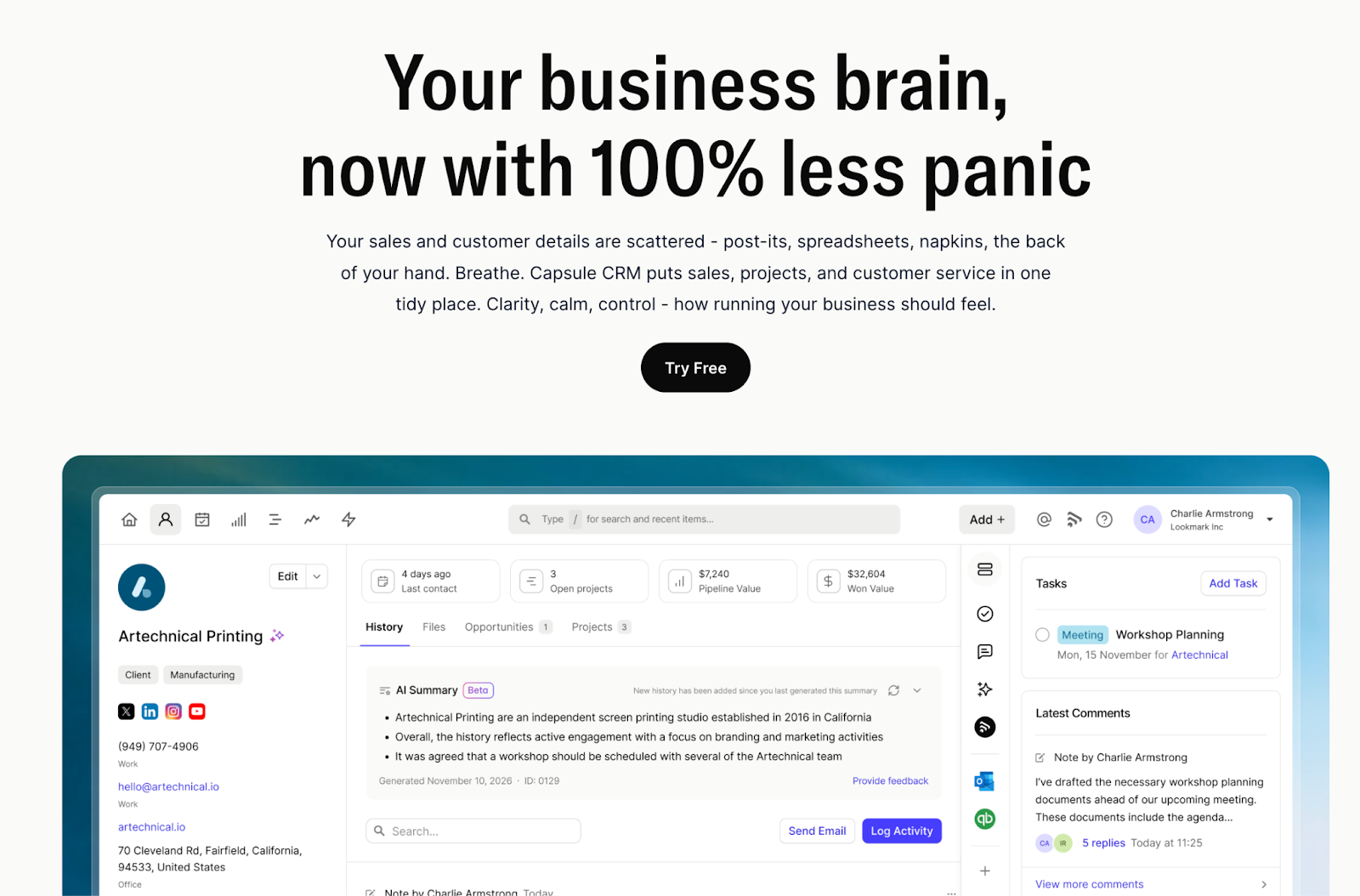 Webpage for Capsule CRM with the headline "Your business brain, now with 100% less panic" and a screenshot of its detailed CRM dashboard.