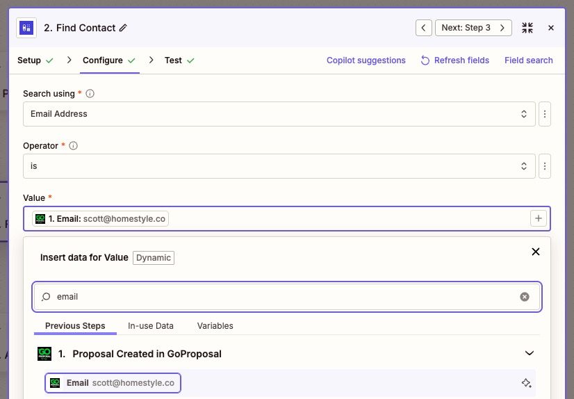 champ e-mail de GoProposal inséré pour l’étape de recherche de contact dans Zapier