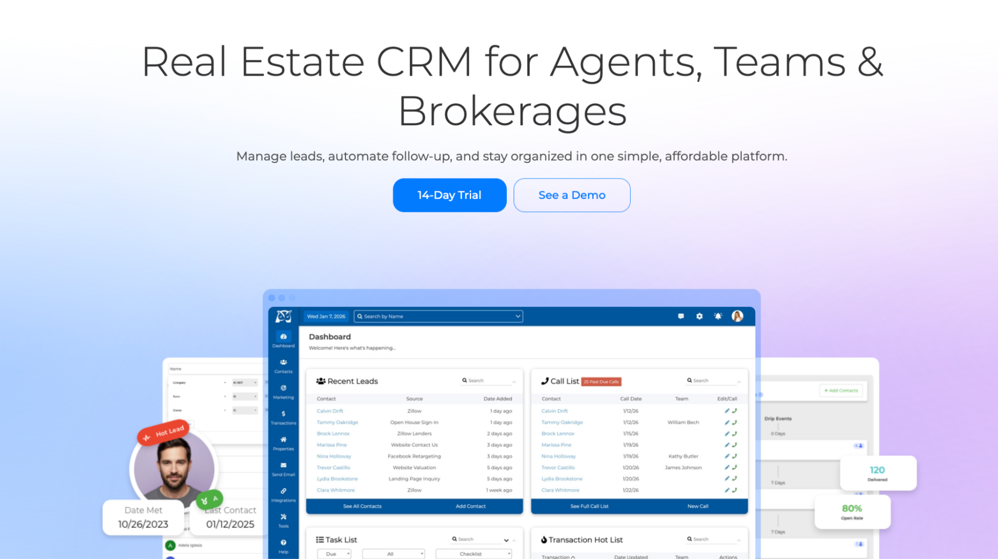 Landing page for a Real Estate CRM showing its dashboard with lead and call management features.