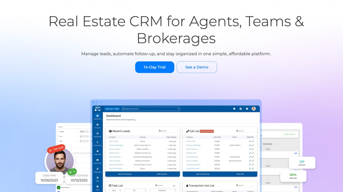 Landing page for a Real Estate CRM showing its dashboard with lead and call management features.