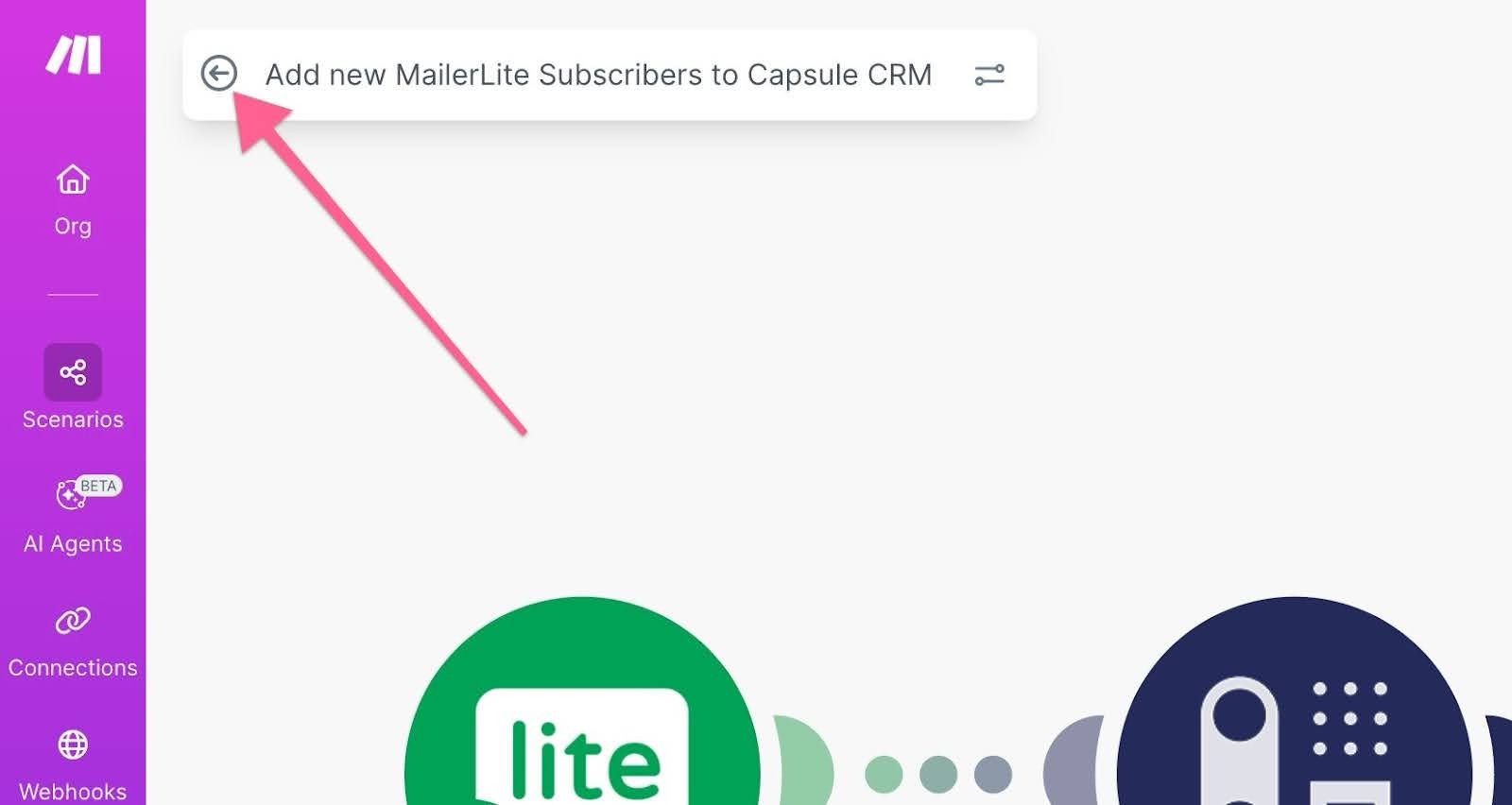 back button highlighted in mailerlite scenario