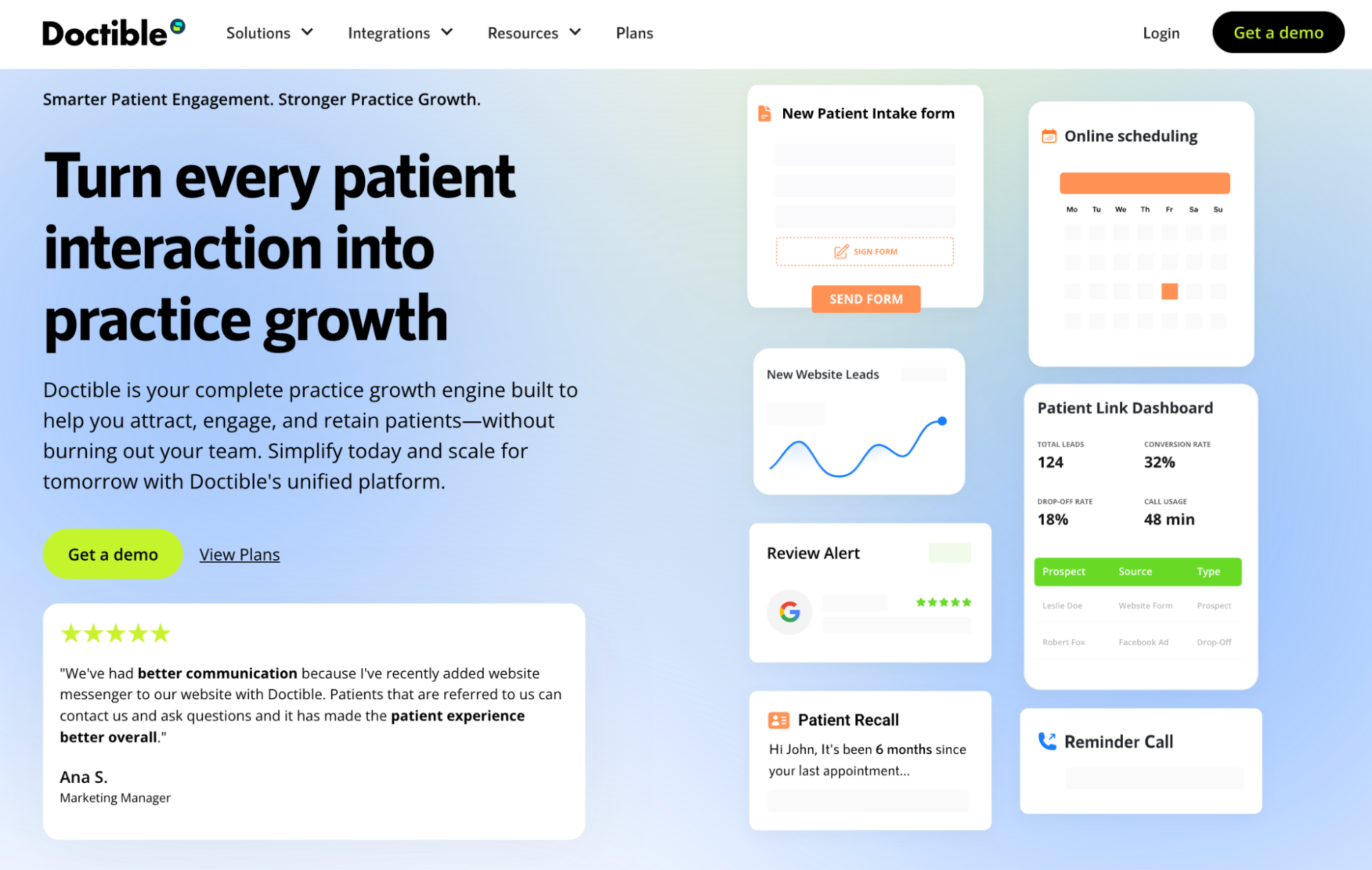 Doctible website displaying features like patient intake forms, online scheduling, patient recall, and dashboards for practice growth.