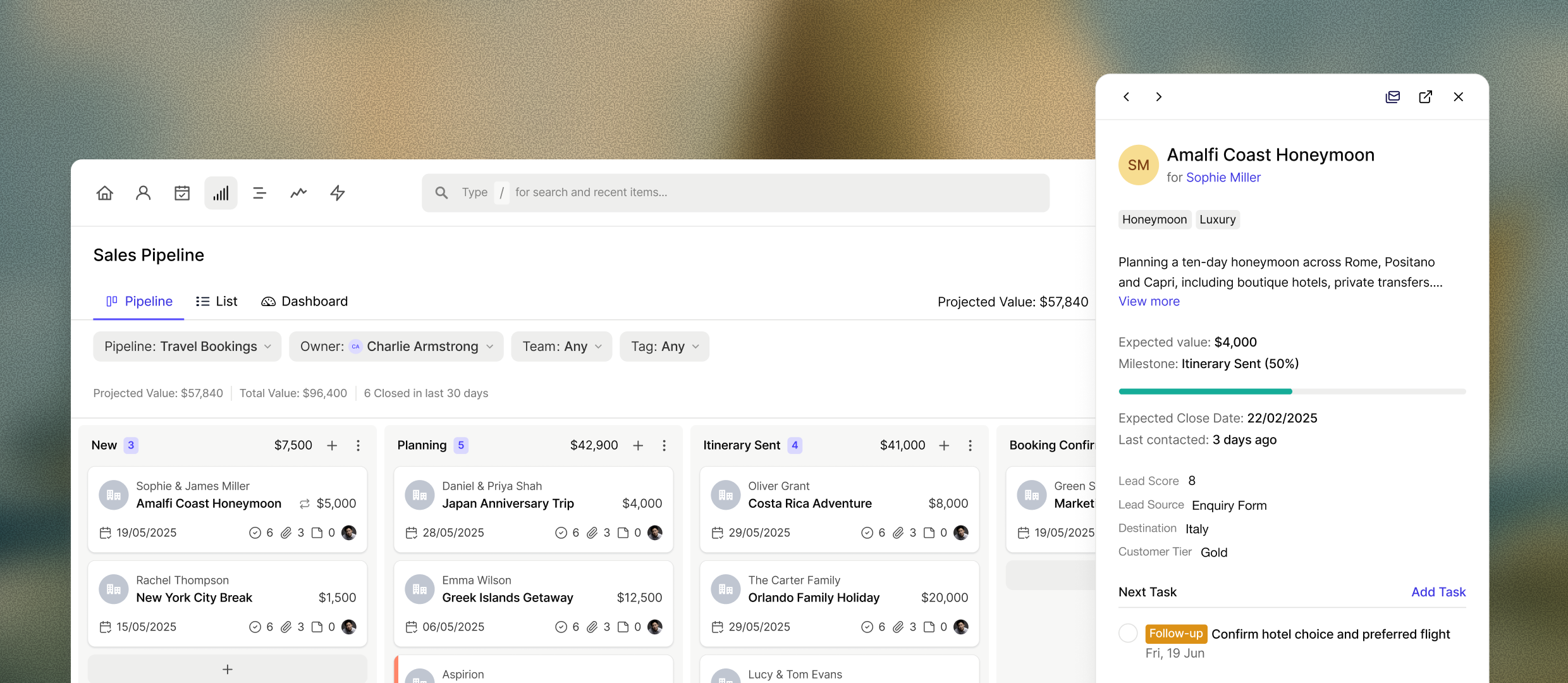 A Capsule CRM sales pipeline tracking travel inquiries from first chat through to confirmed bookings.