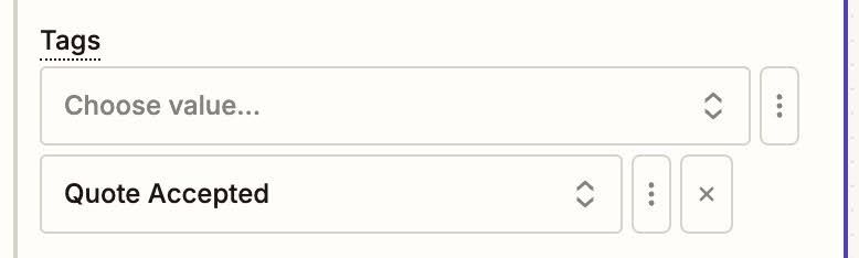 cotação aceita adicionada ao campo de tags no Zapier