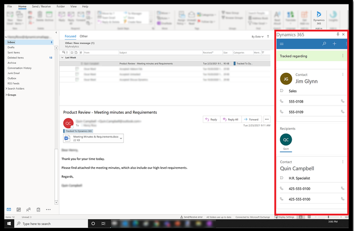 A screenshot shows the Outlook integration in Microsoft Dynamics 365
