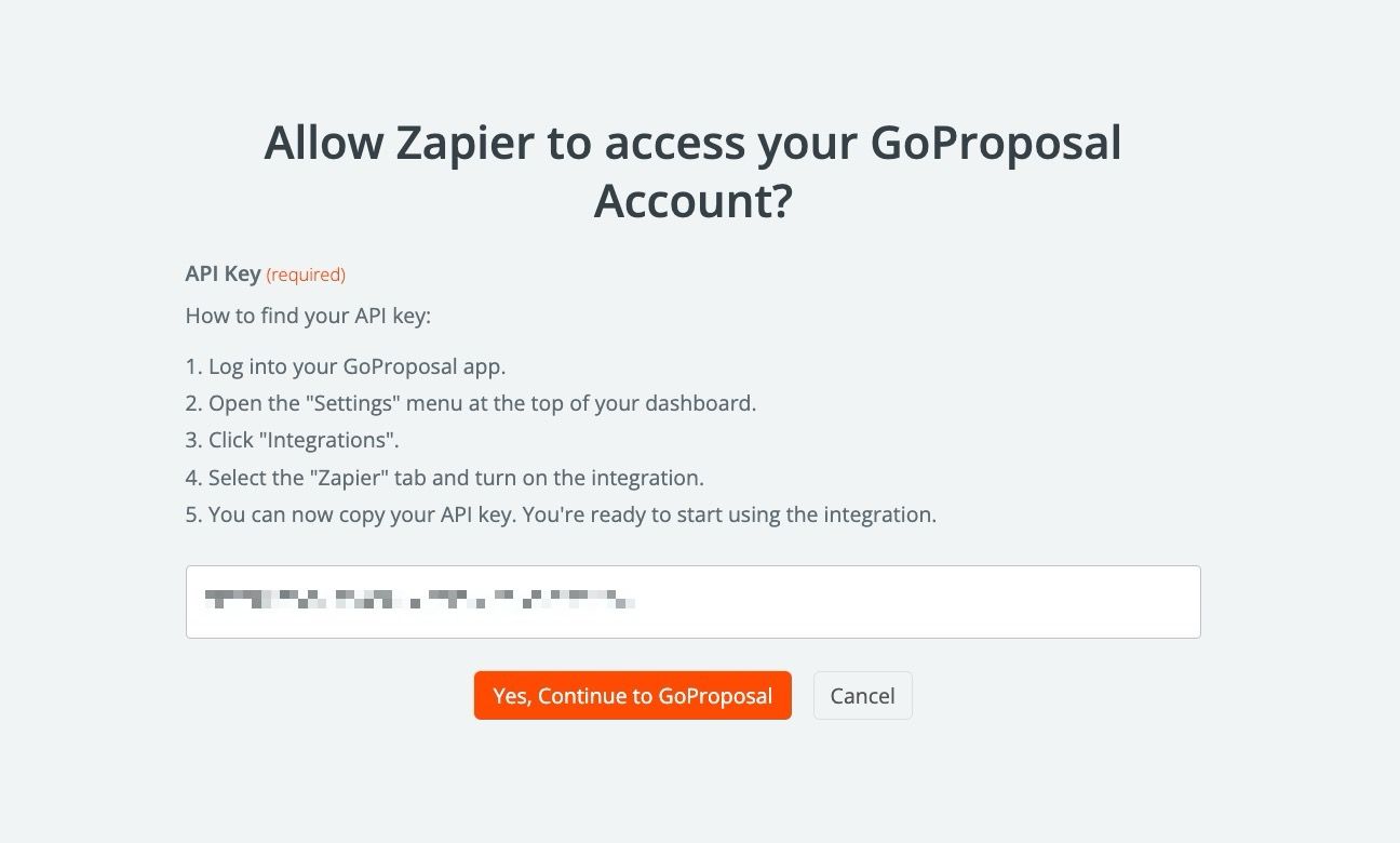 página para vincular Zapier con GoProposal usando una clave API