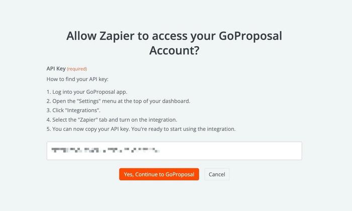 page pour connecter Zapier à GoProposal à l’aide d’une clé API