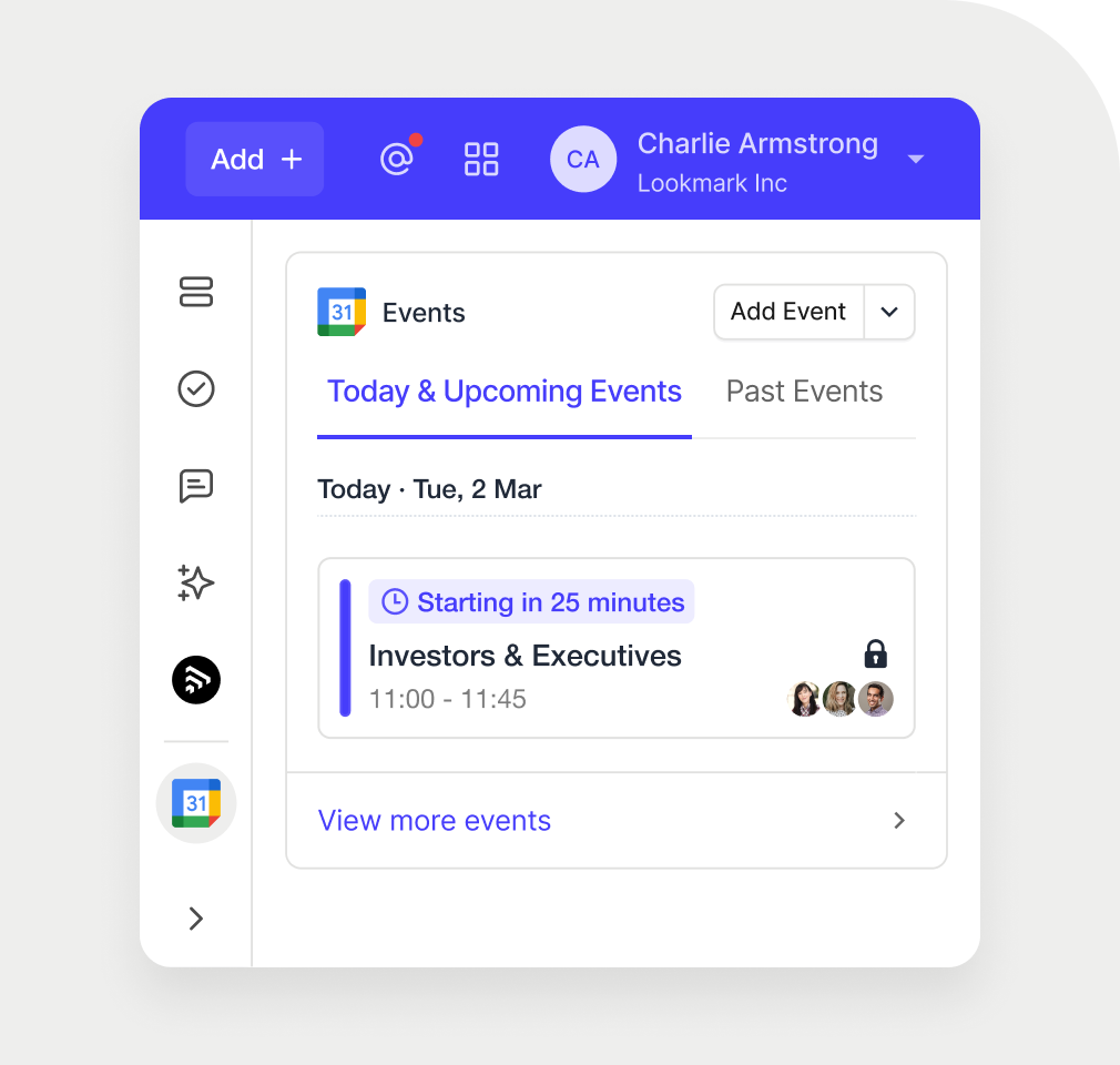 Image shows the Google Calendar section in the capsule crm sidebar showing upcoming calendar events related to the contact page the user is currently viewing