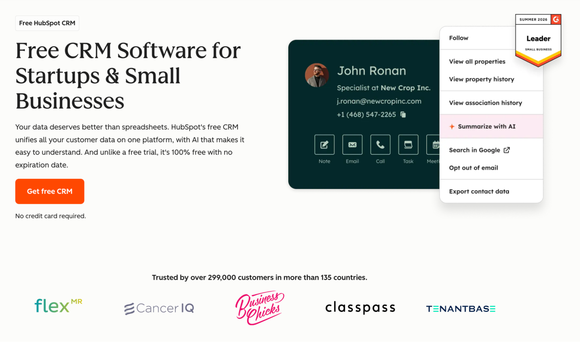 HubSpot CRM webpage advertising free software for businesses, featuring a contact card for John Ronan and a dropdown menu with an "Summarize with AI" option.