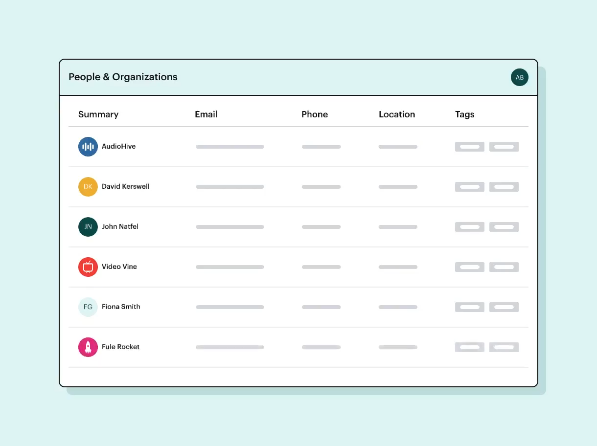 People and organizations list with contact details and tags.