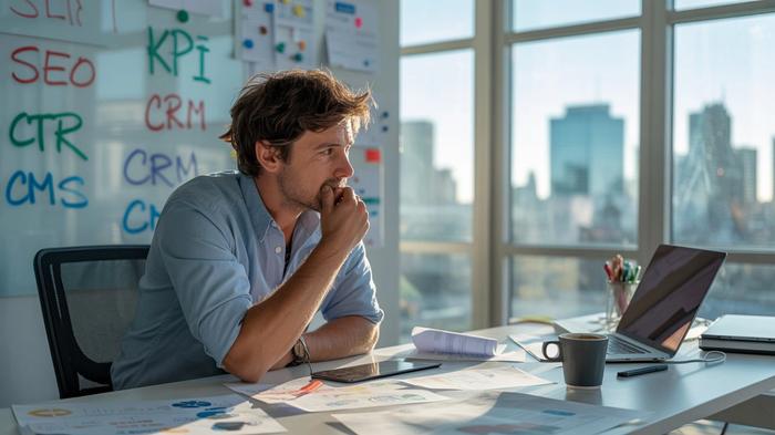 A man sits at a bright office desk deep in thought, with a whiteboard behind him filled with marketing terms like SEO, KPI, CRM, and CMS.