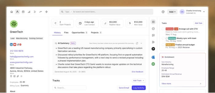 A CRM dashboard showing GreenTech company details, an AI summary, and a task list.