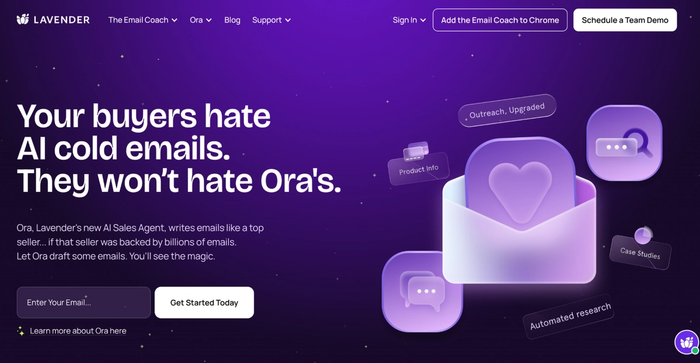 Lavender website promoting Ora, an AI Sales Agent, with the headline "Your buyers hate AI cold emails. They won't hate Ora's." and translucent purple communication icons.