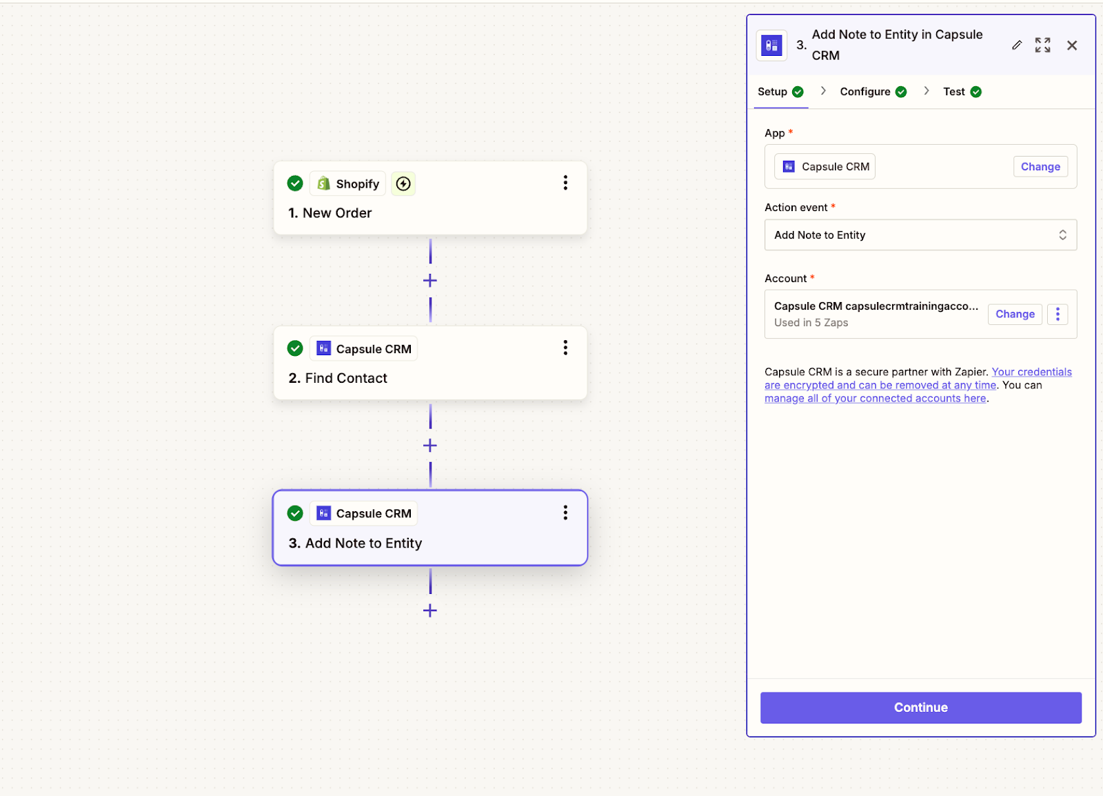 affichage de l'étape d'ajout de note dans le modèle Shopify de Zapier