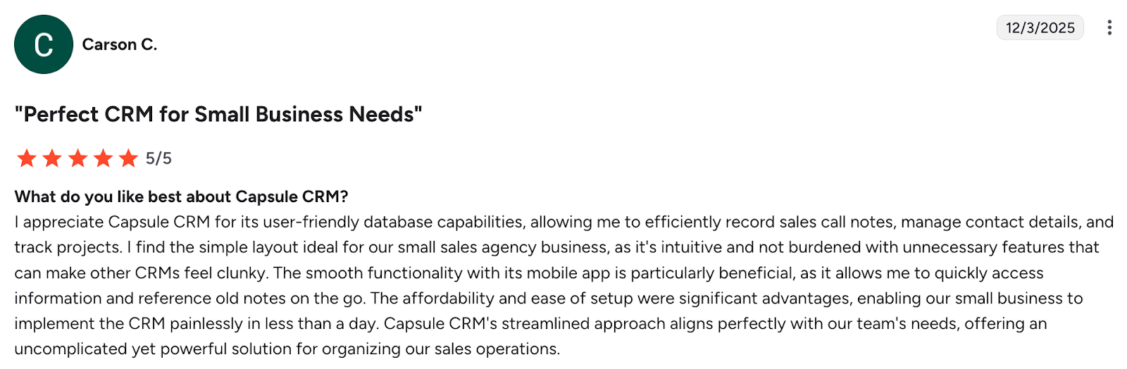 A 5/5 star review by Carson C. titled "Perfect CRM for Small Business Needs," praising Capsule CRM's user-friendly features, mobile app, and ease of setup.