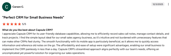 A 5/5 star review by Carson C. titled "Perfect CRM for Small Business Needs," praising Capsule CRM's user-friendly features, mobile app, and ease of setup.