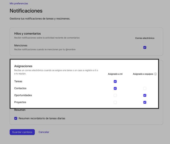 Preferencias de recordatorio por correo electrónico