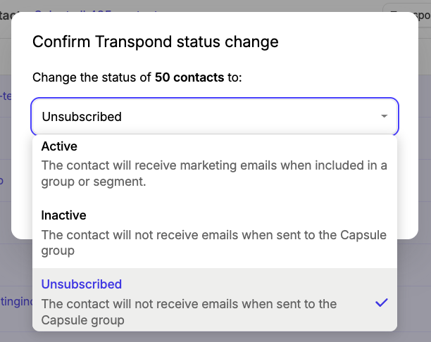 Options de menu déroulant étendues pour la modification en masse du statut Transpond