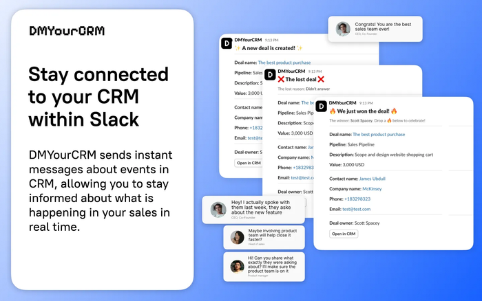 Image show examples of Slack messages that show updates on your ongoing Opportunities in Capsule