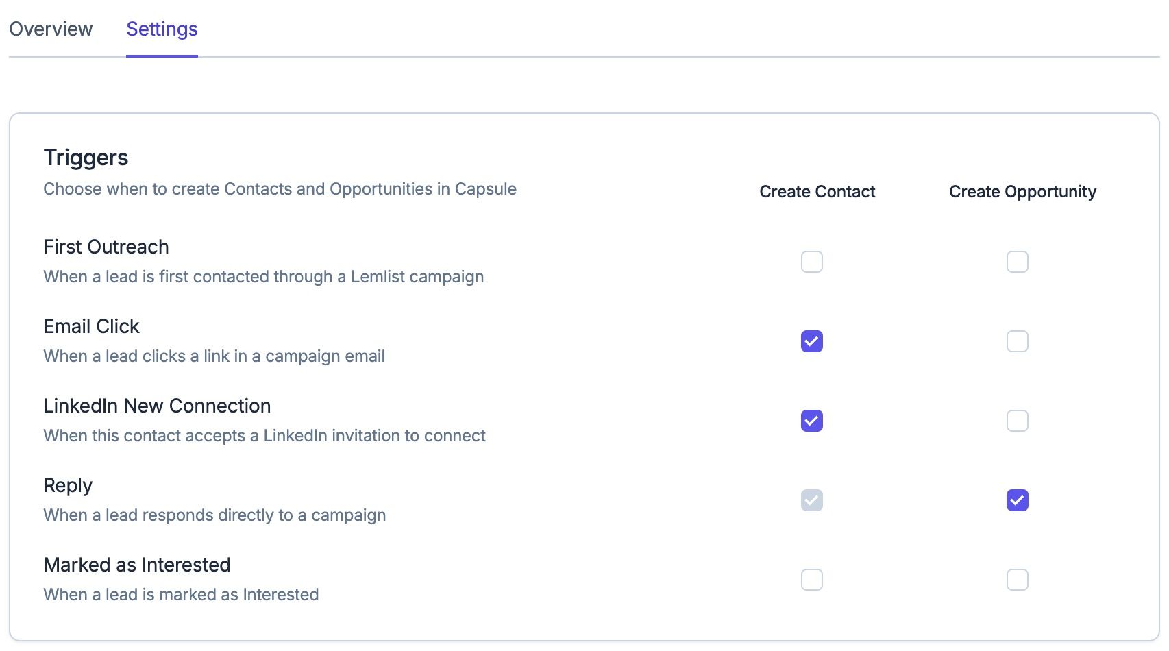 Integración de Lemlist Ajustes del activador
