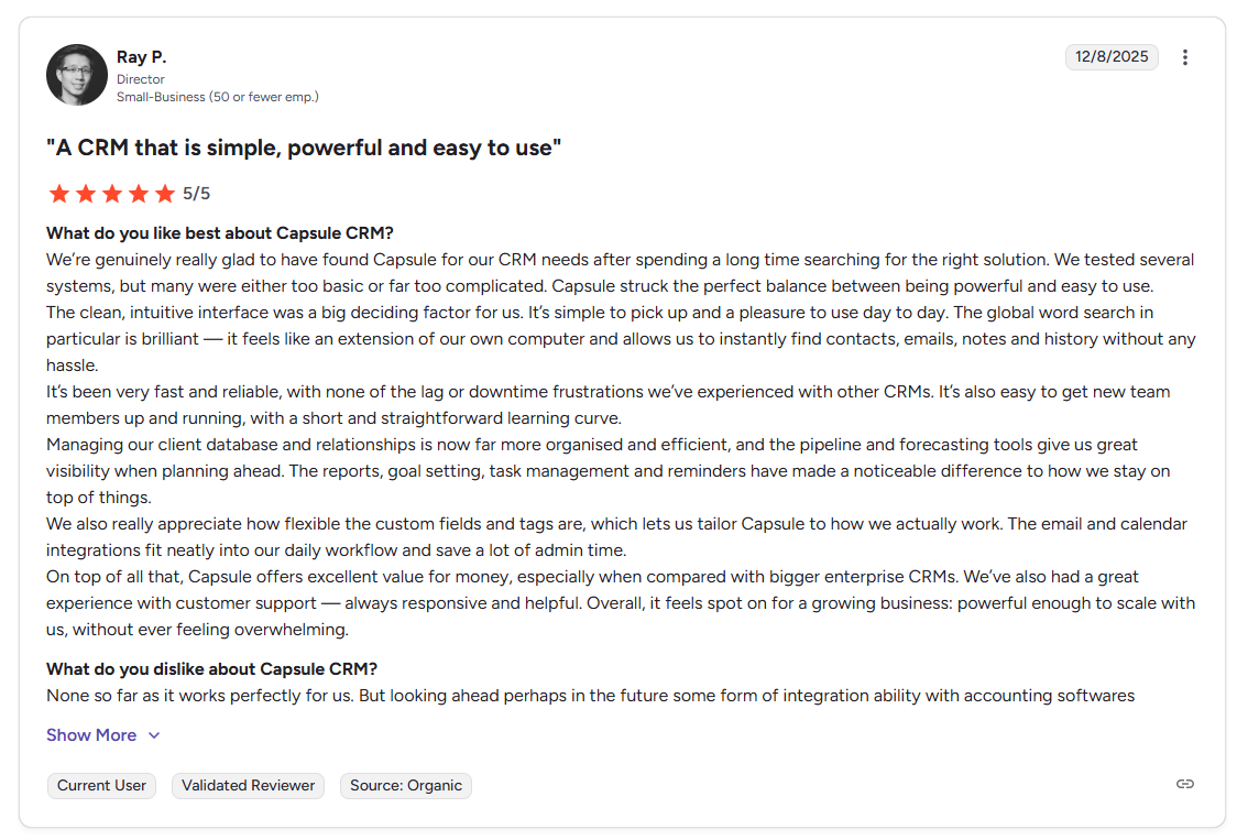 A 5-star review for Capsule CRM by Ray P., Director, Small Business, titled 'A CRM that is simple, powerful and easy to use'.