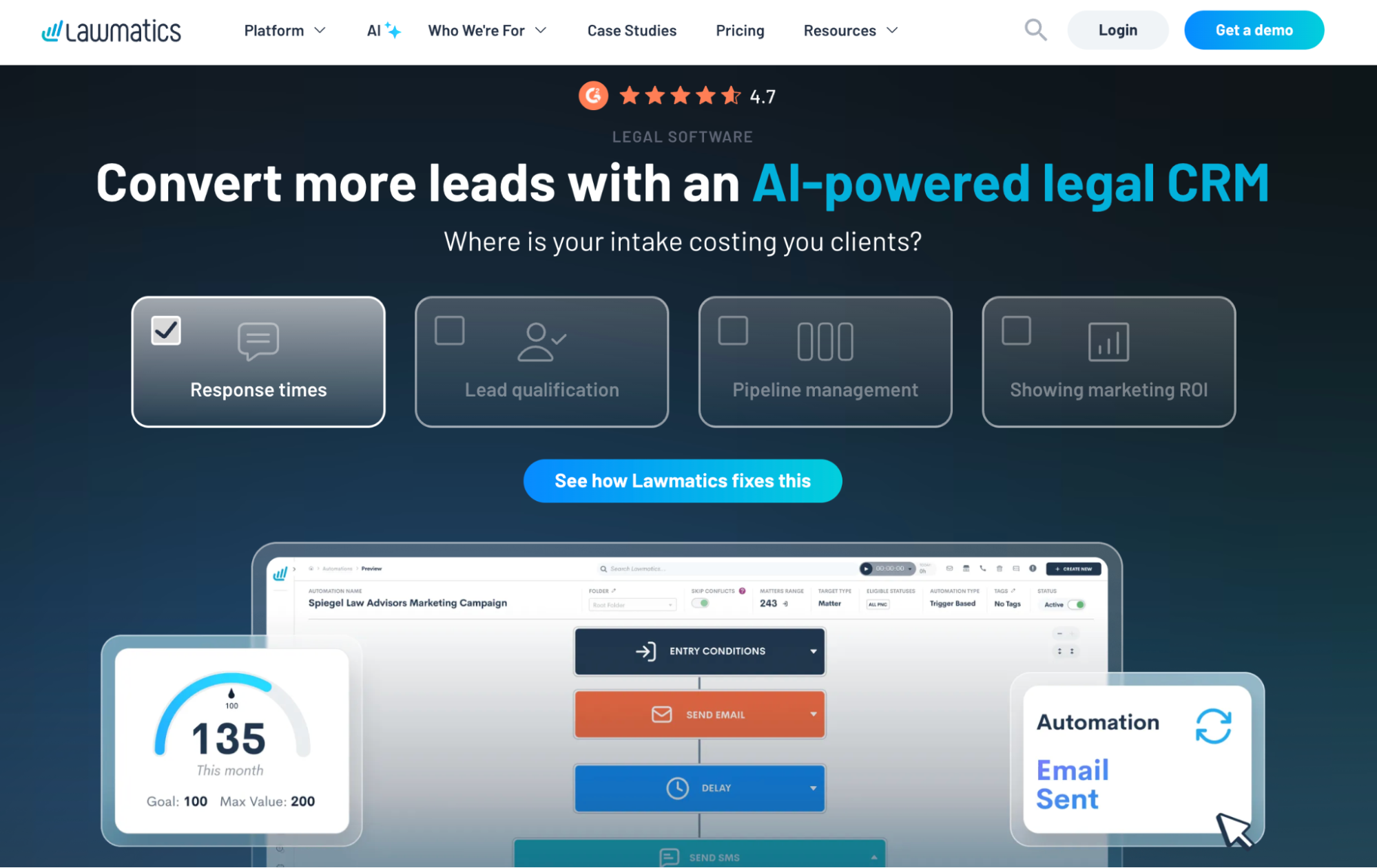 Lawmatics website promoting its AI-powered legal CRM, showcasing lead conversion features and a software interface with workflow automation.