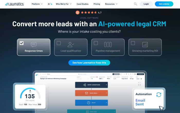 Lawmatics website promoting its AI-powered legal CRM, showcasing lead conversion features and a software interface with workflow automation.