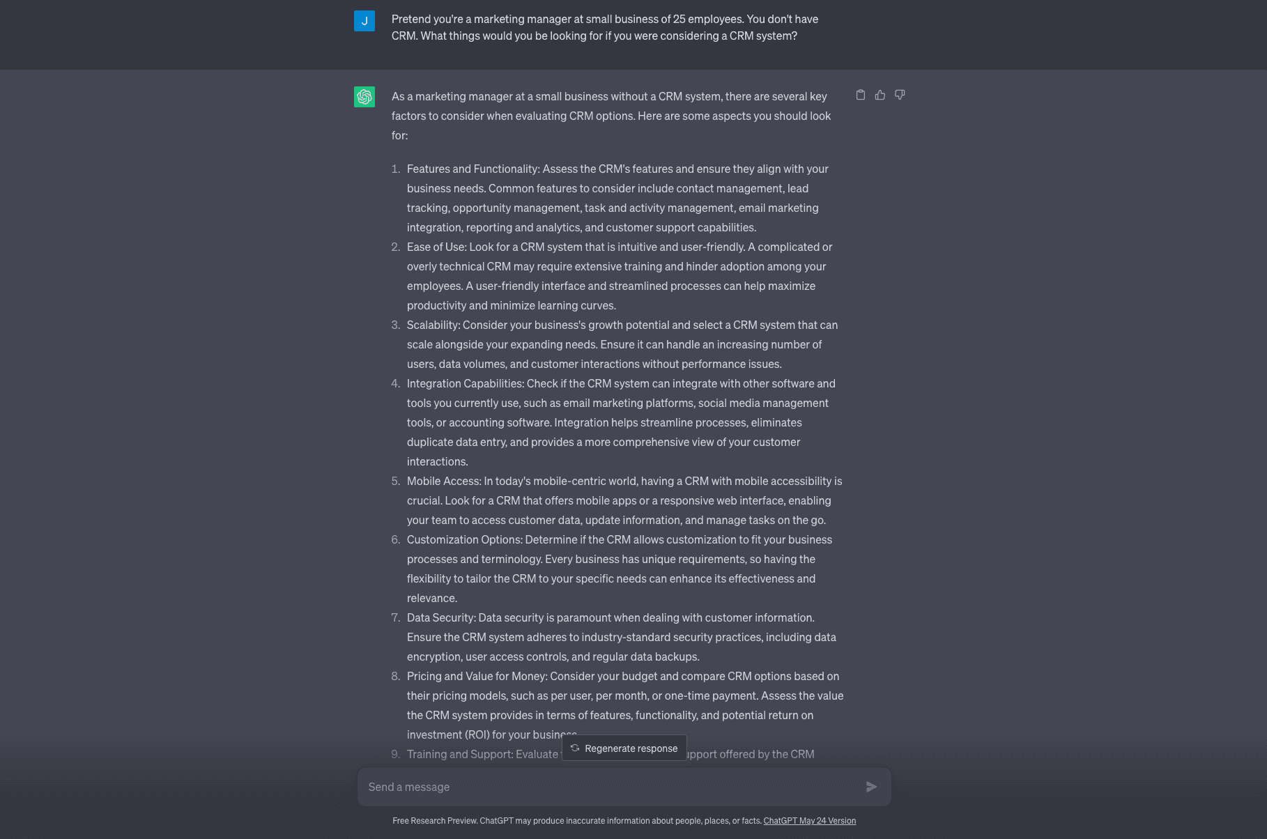 Our prompt and the AI response