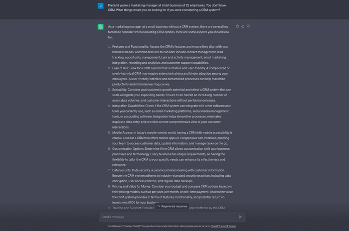 Our prompt and the AI response