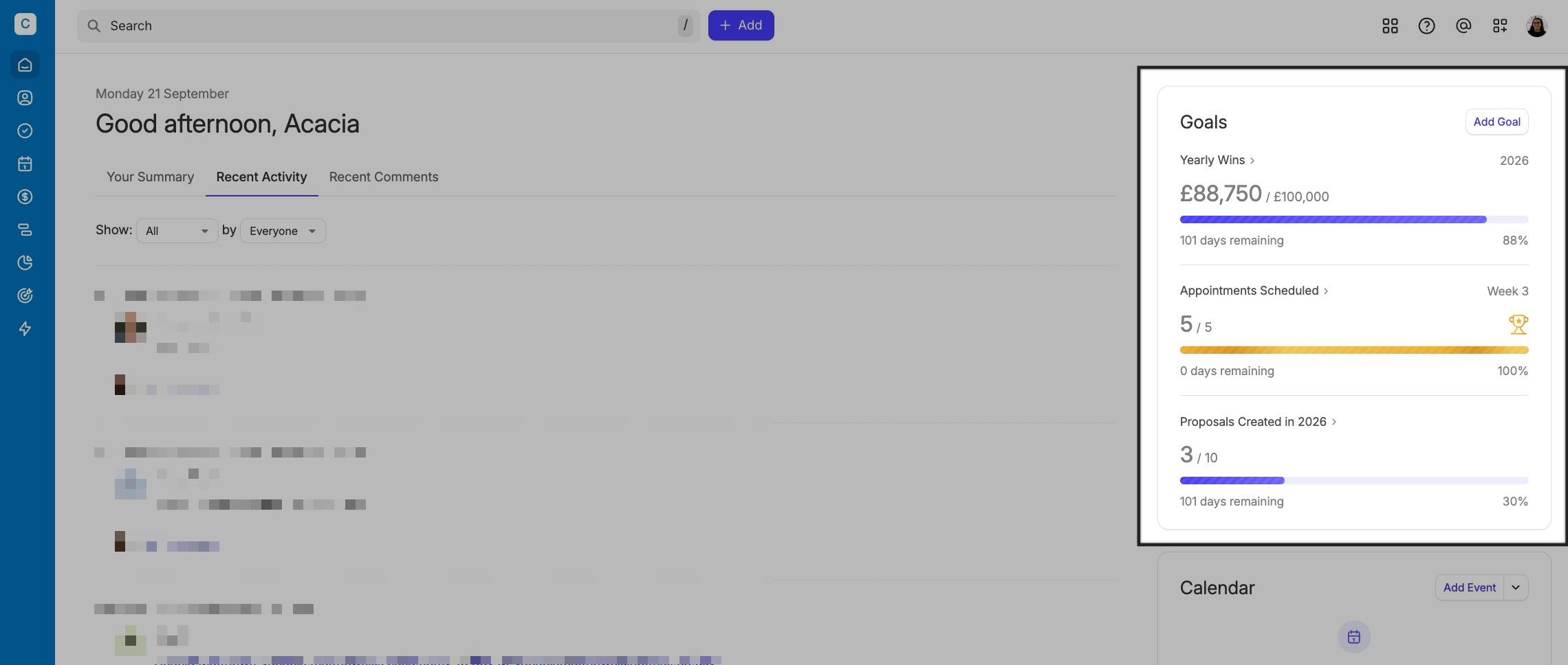 showing goals tile on the home dashboard