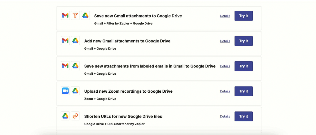 List of apps to connect with Google Drive using Zapier's templates