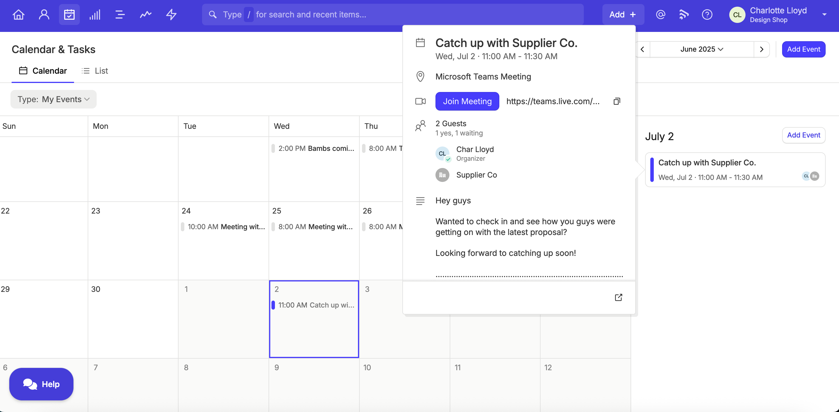 Visualização do calendário mostrando eventos de integração do Calendário Outlook e link do Teams Meeting para entrar em uma chamada