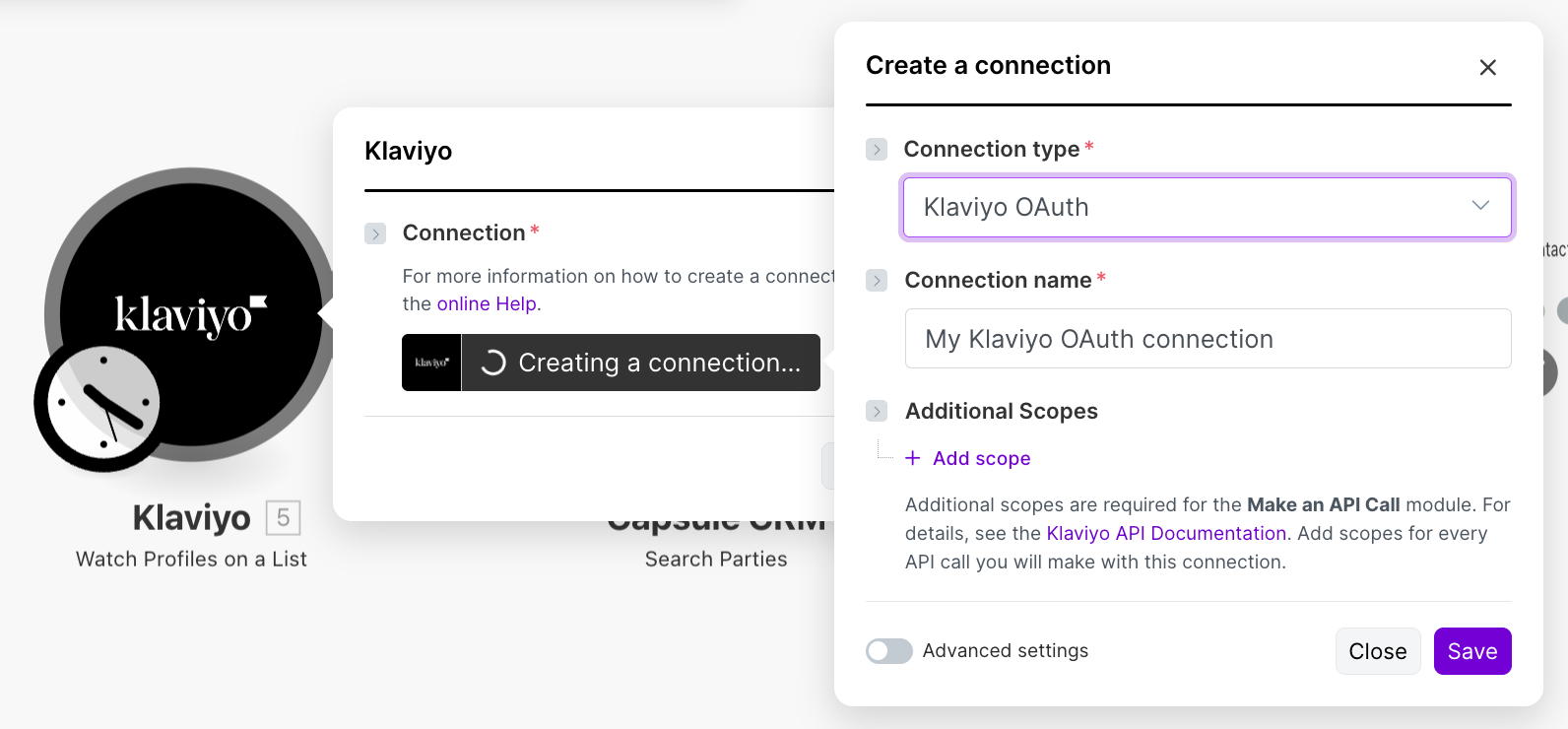 klaviyo connection type and name populated in make