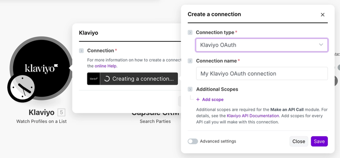 tipo e nome da conexão klaviyo preenchidos no make