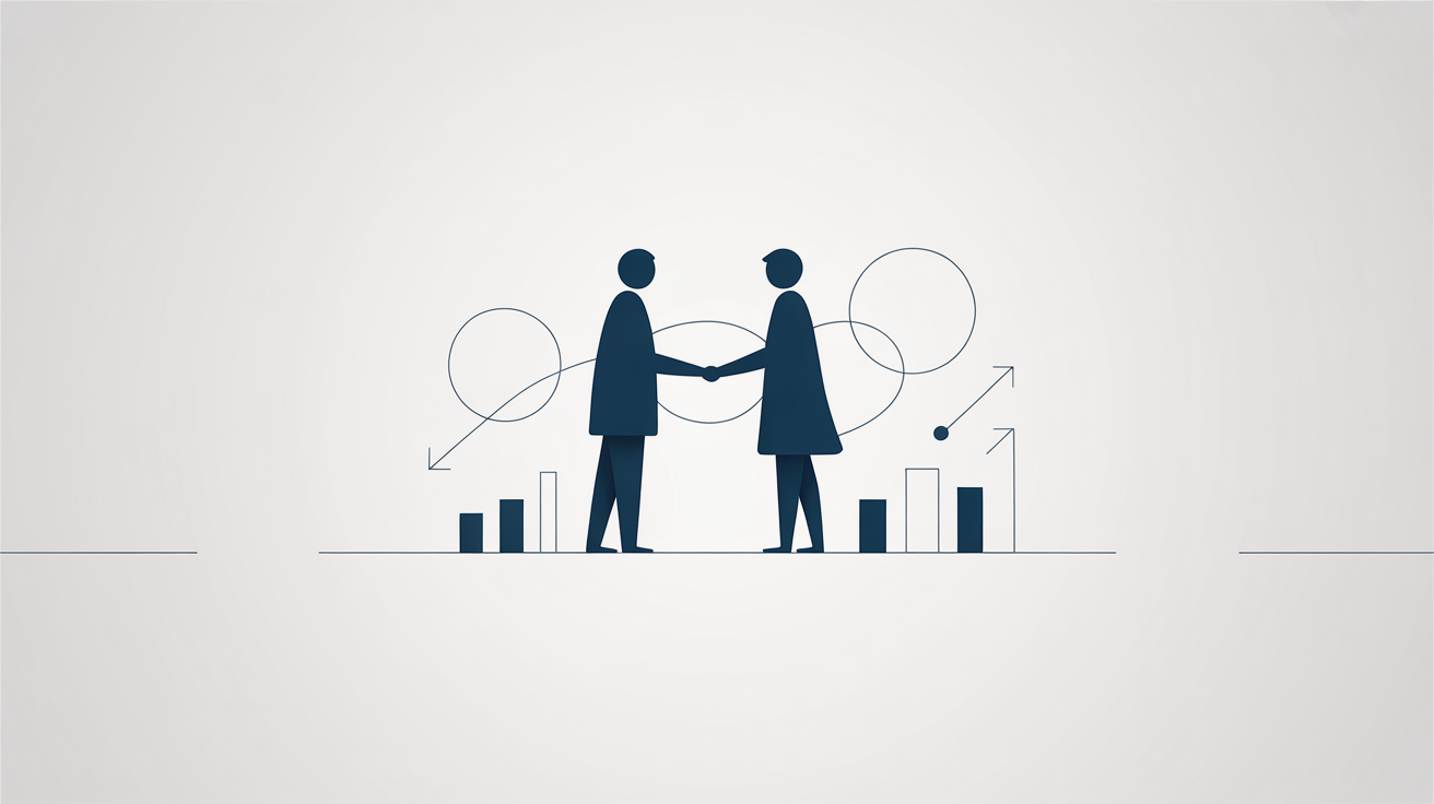 Two stylized figures shaking hands over business charts and trend arrows.