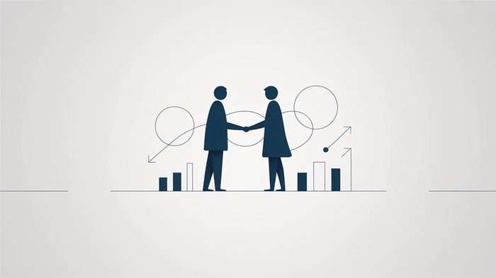 Two stylized figures shaking hands over business charts and trend arrows.