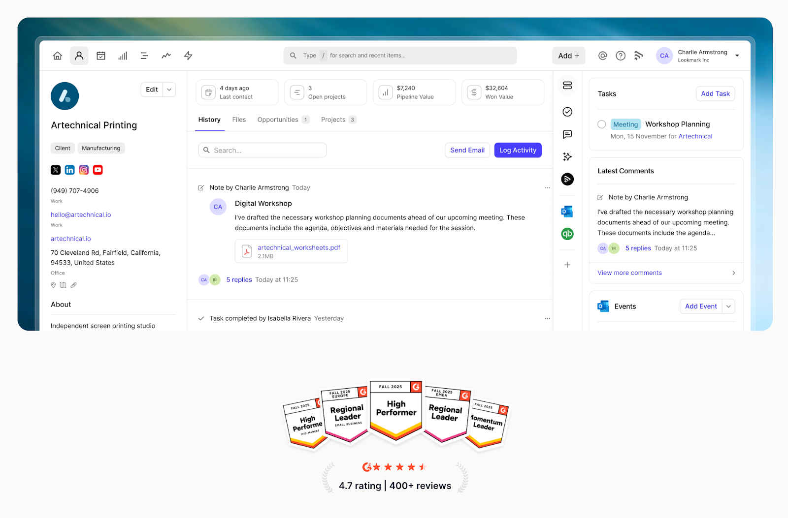 A CRM dashboard for "Artechnical Printing" showing client information, activities, tasks, and comments, with five "Leader" and "Performer" badges and a 4.7-star Google rating below.