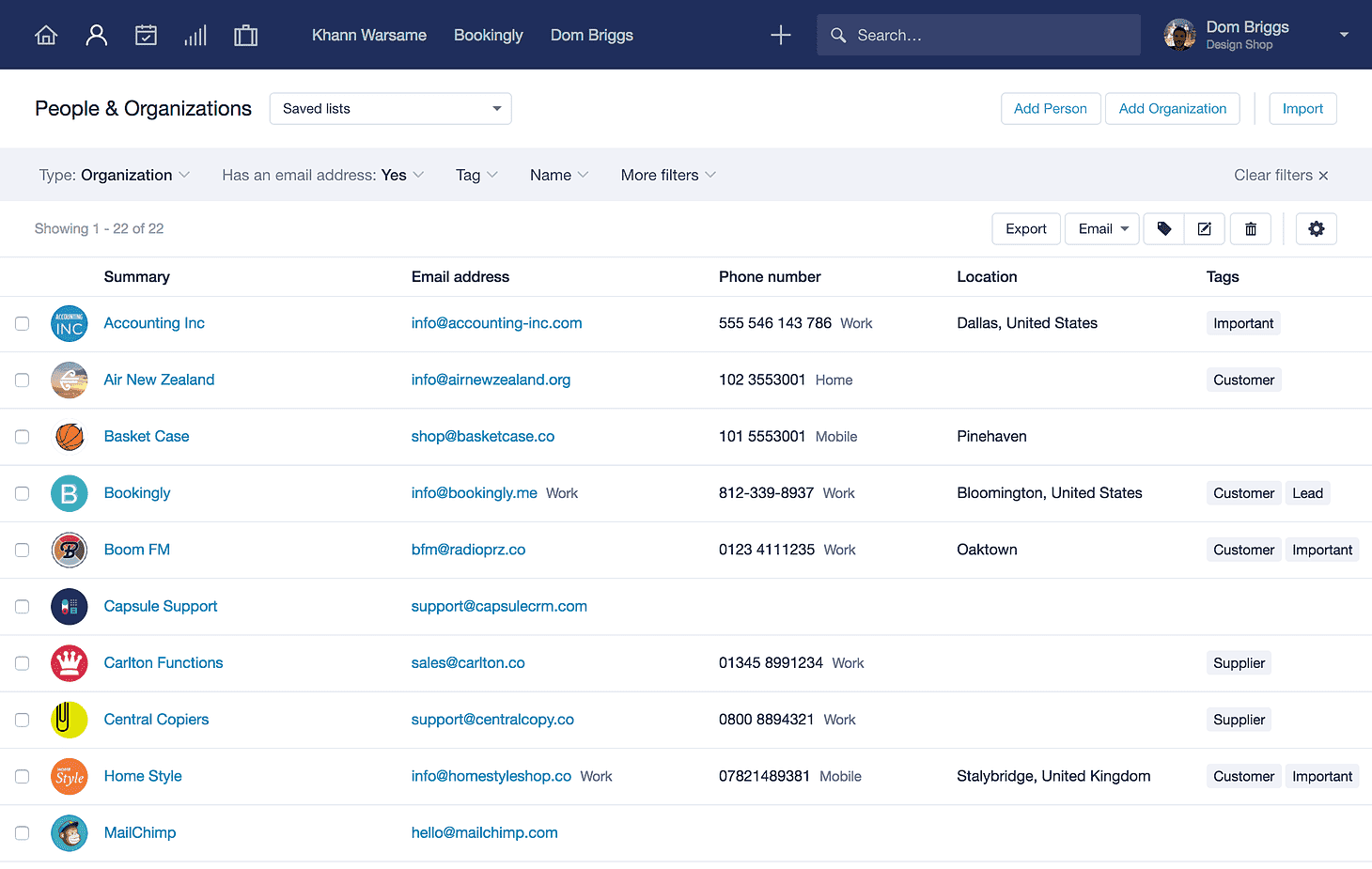 a screenshot of the people & organizations page