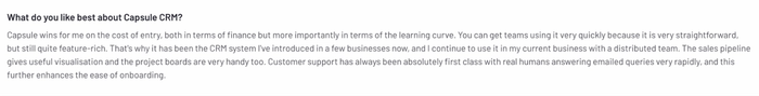Positive Capsule CRM review highlighting affordability, ease of onboarding, visual tools, and responsive human support.
