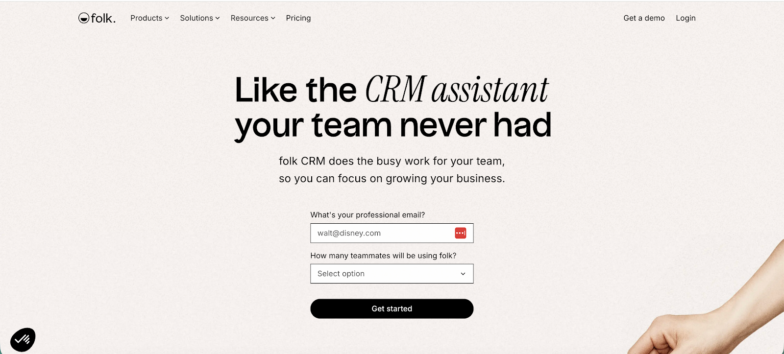 Folk CRM landing page with headline "Like the CRM assistant your team never had" and signup form.