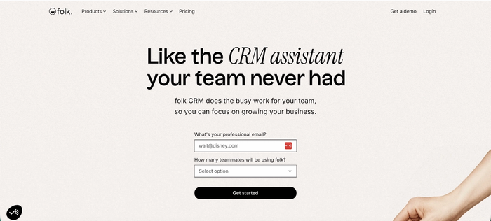 Folk CRM landing page with headline "Like the CRM assistant your team never had" and signup form.