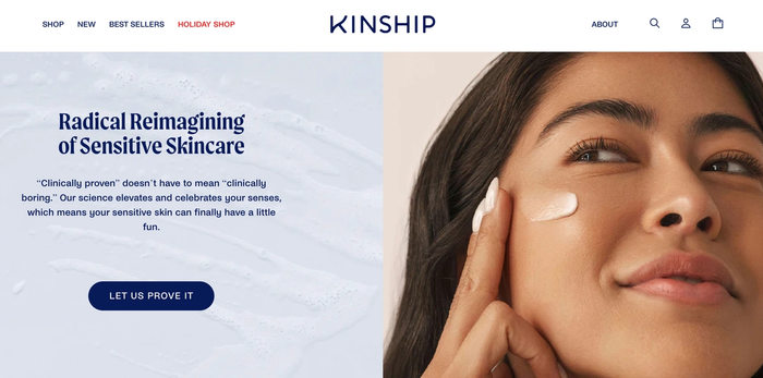 a kinship website shows a woman applying cream to her face