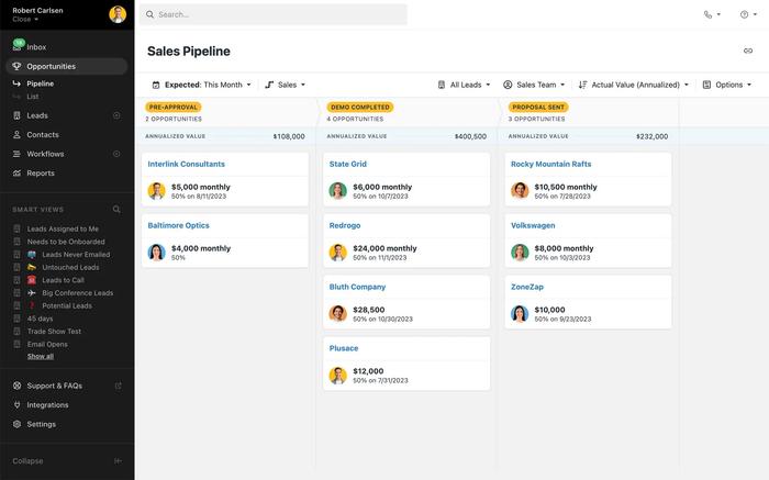 Close CRM dashboard with a contact list