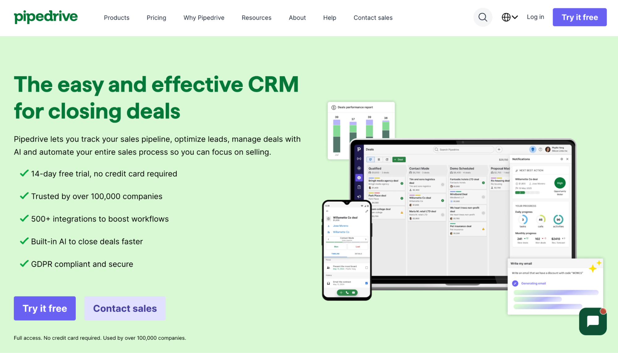 Pipedrive CRM landing page displaying its interface on a laptop and phone, with the headline "The easy and effective CRM for closing deals" and a list of features.