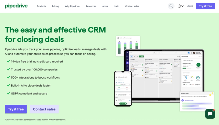 Pipedrive CRM landing page displaying its interface on a laptop and phone, with the headline "The easy and effective CRM for closing deals" and a list of features.