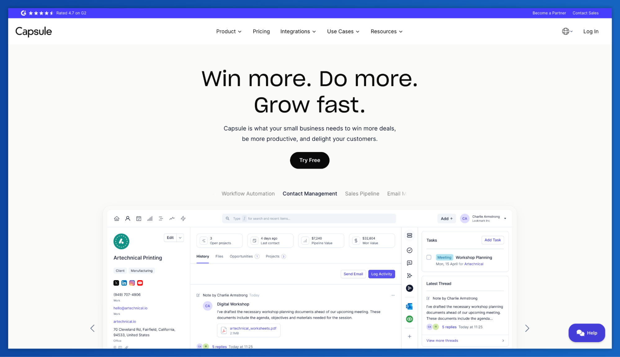 Capsule CRM website homepage with the headline "Win more. Do more. Grow fast." and a screenshot of its contact management interface.