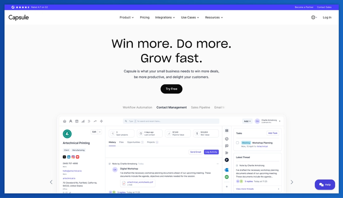 Capsule CRM homepage with 'Win more. Do more. Grow fast.' and a detailed view of its contact management software.